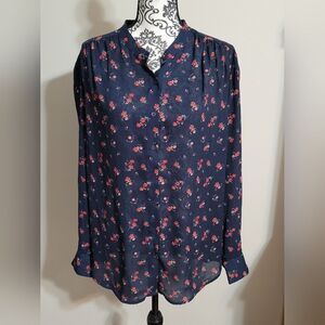 Beautiful navy red floral button up Blouse